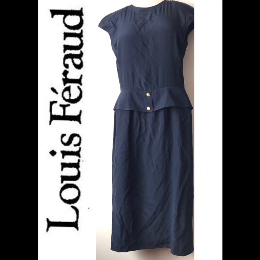 LOUIS FERAUD VINTAGE NAVY BLUE PEPLUM DRESS SIZE 4